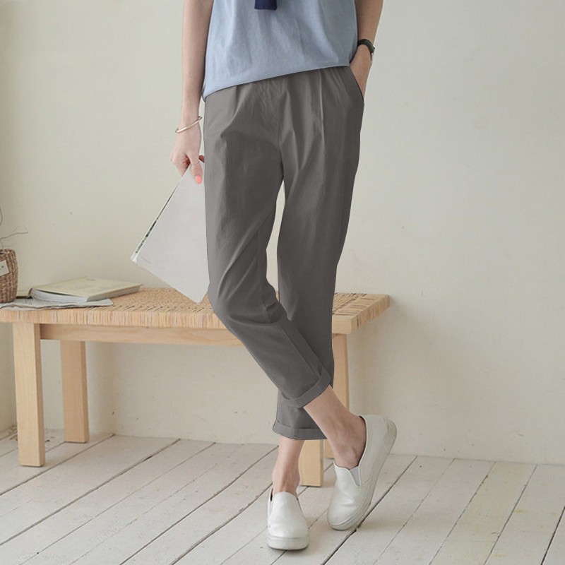 Women's High-Waisted Harem Pants 2026 Spring/Summer Casual Elastic Waist Cotton Linen Cropped Trousers Versatile Fashion_ecoleips.com