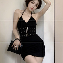 夏季金属扣挂脖设计感连衣裙女性感露背包臀短裙8788三排钉黑裙