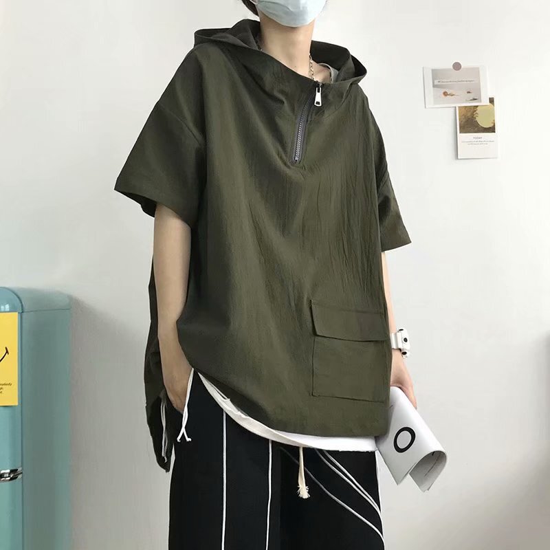 Master Craftsman American Style Short Sleeve T-Shirt for Men, Trendy Brand, Summer Thin Loose Fit, Half-Zip Hooded Master Craftsman American Style Short Sleeve T-Shirt for Men, Trendy Brand, Summer Thin Loose Fit, Half-Zip Hooded