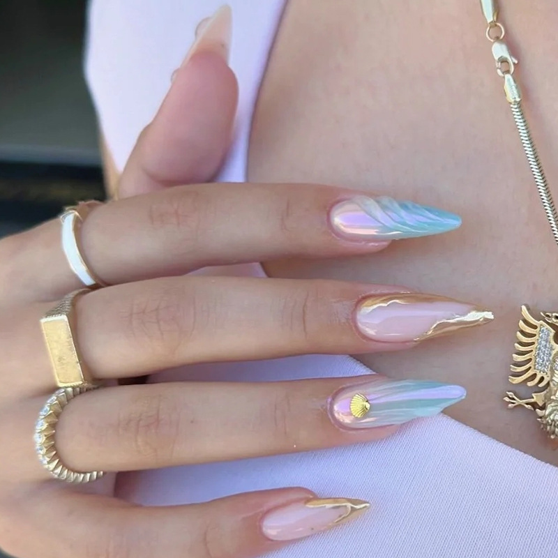 Cross-Border Art Stereo Press on Nails Pink Cyan Manicure Embellished Handmade Wearable Nails Export Wearable Nails