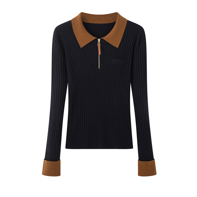2026 early autumn new collection: college-style color-block polo collar, ribbed knit long-sleeve top for women 2026 early autumn new collection: college-style color-block polo collar, ribbed knit long-sleeve top for women
