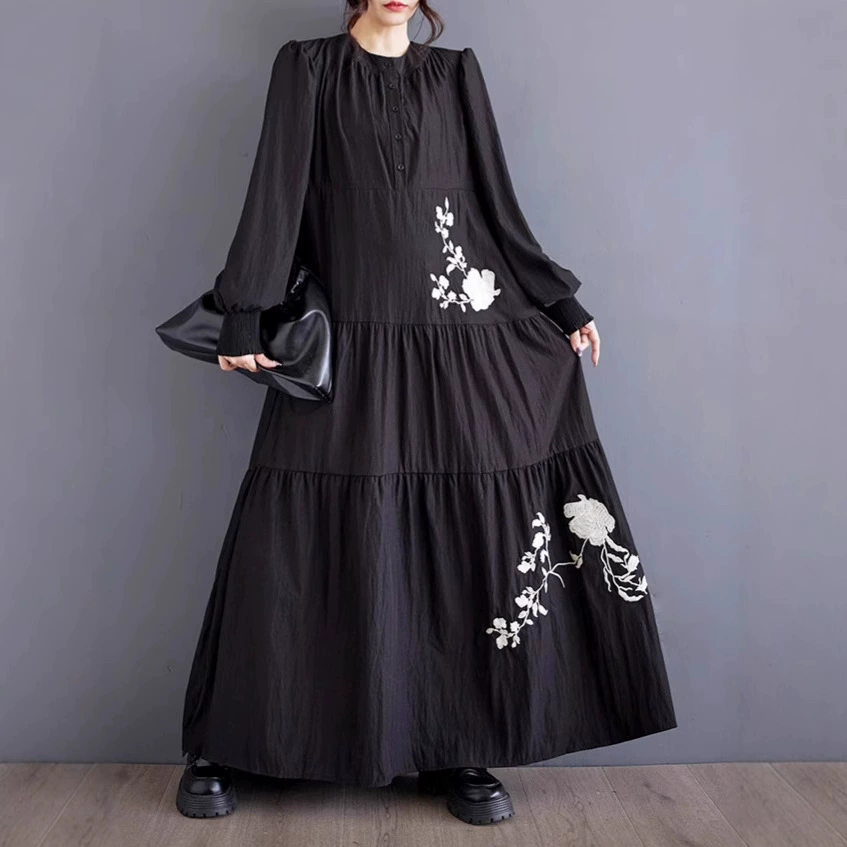 Fashionable autumn long skirt, dress, with embroidery, flowered, plus size