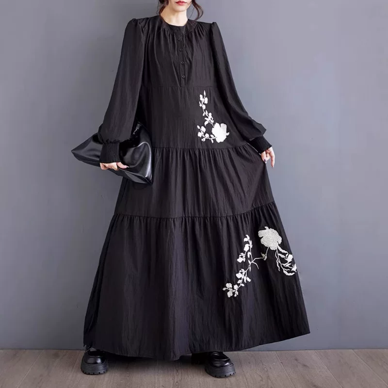 Fashionable autumn long skirt, dress, with embroidery, flowered, plus size