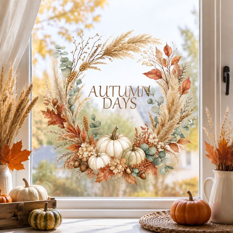 Autumn cream white pumpkin reed wreath electrostatic window sticker for glass doors and windows, removable home decor sticker for guesthouses