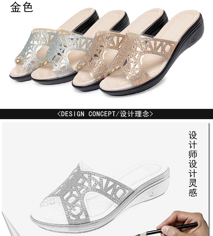Dép xỏ ngón nữ đế bệt da thật đính đá rhinestone — Màu vàng chi tiết 5