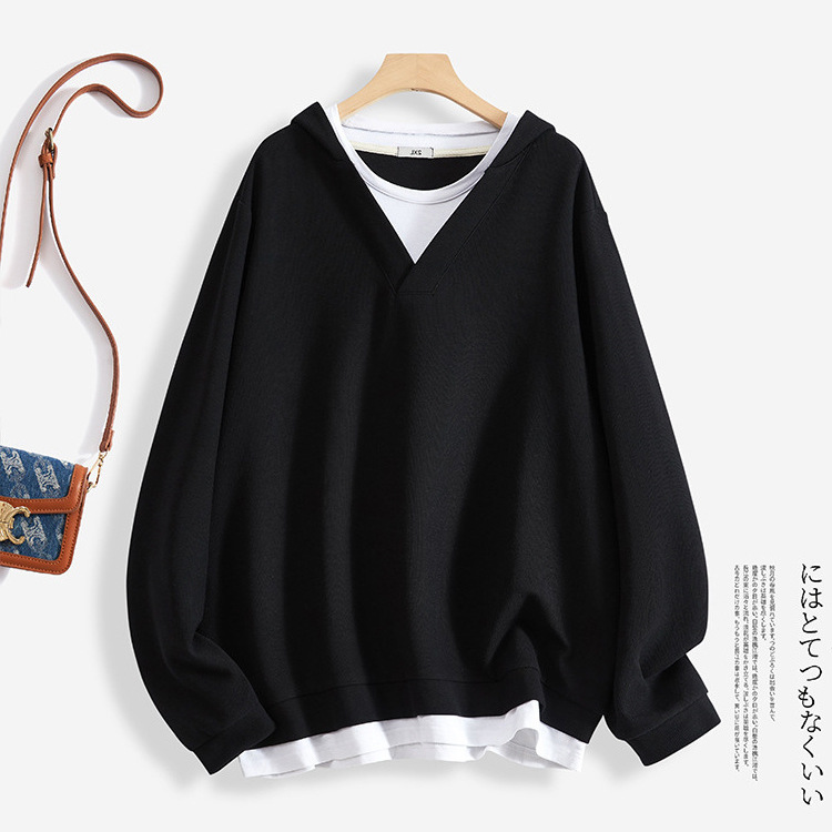 Simple style plus size loose fake two-piece long sleeve sweater women's fat MM300 kg slim Joker long jacket ins