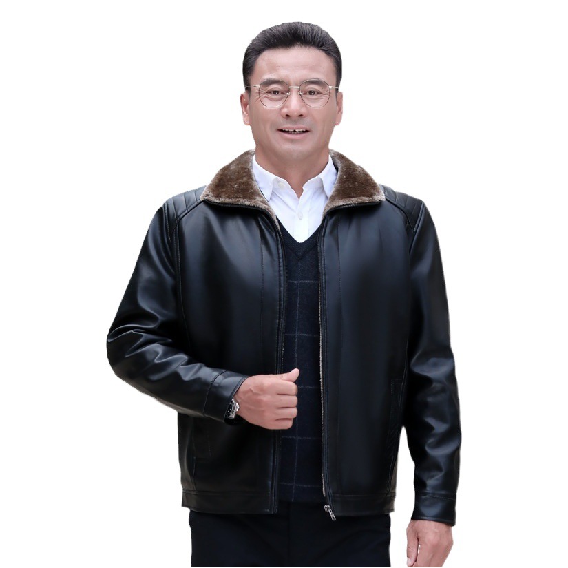 Cross-Border Spot Autumn and Winter New Fur All-In-One Leather Jacket for Men Plus Velvet Thickened Stand Collar Casual Leather Jacket Leather Jacket Factory