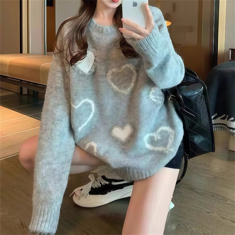 韩系穿搭爱心圆领套头毛衣女秋冬新款奶fufu毛绒宽松慵懒风针织衫|undefined