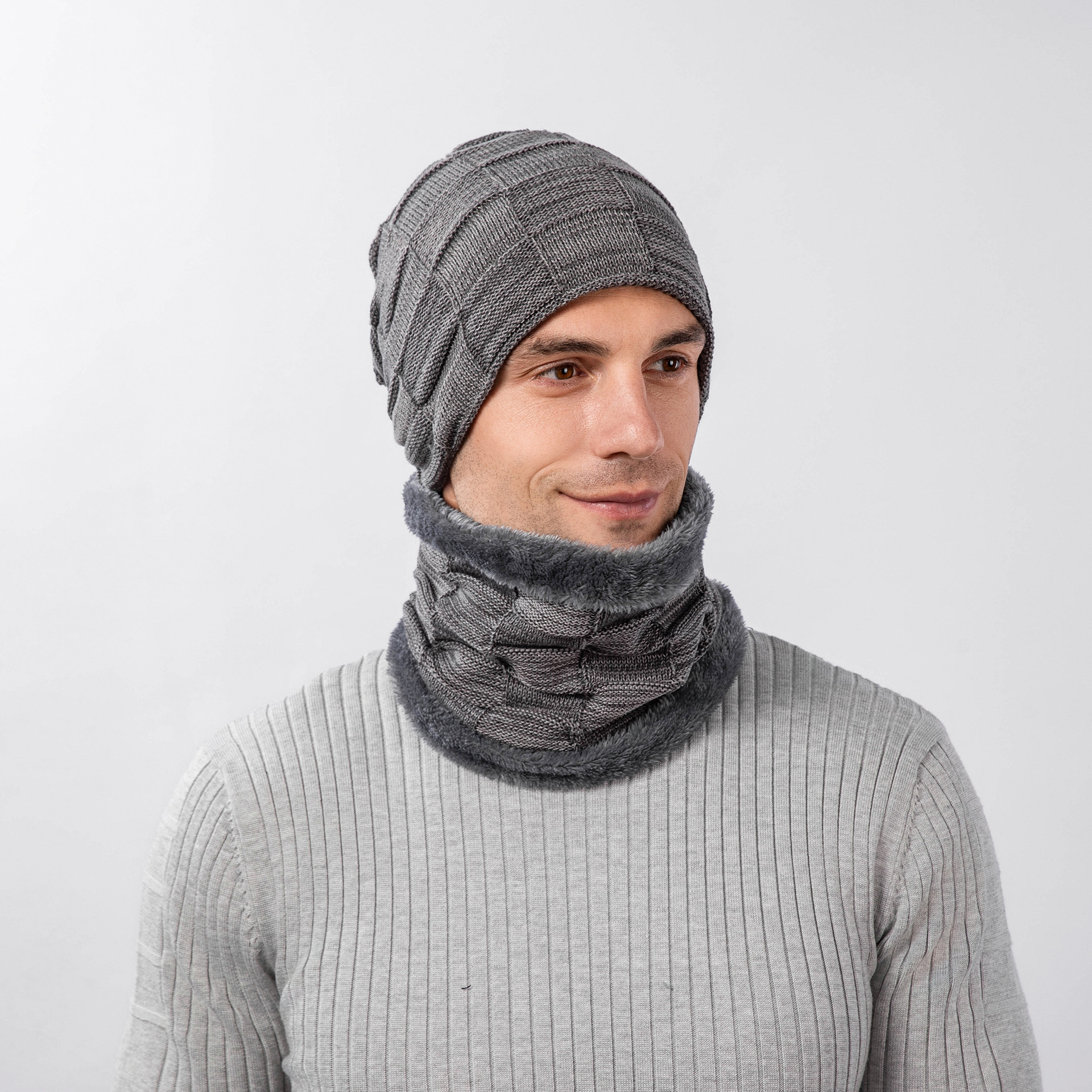 New Winter Plush Thick Knitted Hat And Neck Set Two Piece Checkered Fashion Outdoor Men's Knitted Hat Set Head_voghion.com