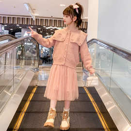 女童秋季连衣裙套装2024新款韩版洋气春秋宝宝针织开衫裙子两件套