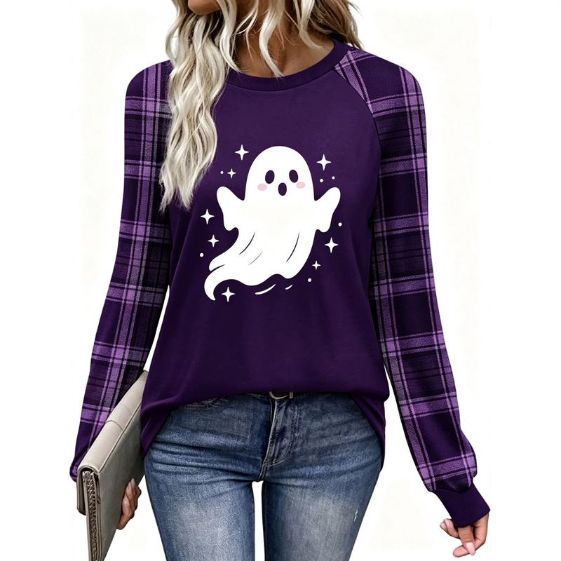 Halloween Themed Ghost Print Round Neck Raglan Long-Sleeved Casual T-Shirt for Women in Winter, Loose and Slimming, Versatile Top Halloween Themed Ghost Print Round Neck Raglan Long-Sleeved Casual T-Shirt for Women in Winter, Loose and Slimming, Versatile Top