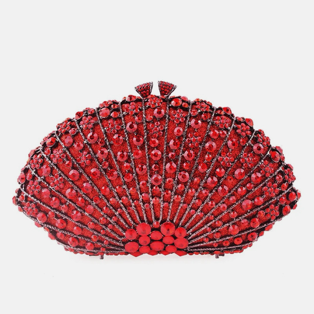 Bolsa de cena con diamantes en forma de ventilador transfronteriza bolsas de diamantes metálicas huecas bolsas de fiesta celebridades europeas y americanas reuniones anuales bolsas de mano de mujeres púrpura oscuro