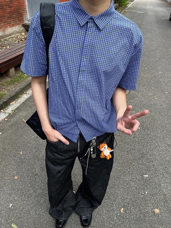 高級ロイヤルブルーチェック柄巾着半袖シャツミュウ系夏万能デザイン高級ボクシートップ|undefined