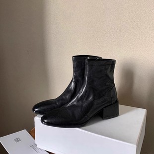 In stock and fast delivery! Grape mom's same style shoes fashionable pointed round toe fleece-lined thick heel side zipper slimming horse leather short boots for women