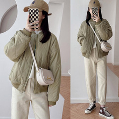 冬季新款简约休闲立领棒球服加厚保暖夹棉菱格宽松面包服短棉衣女