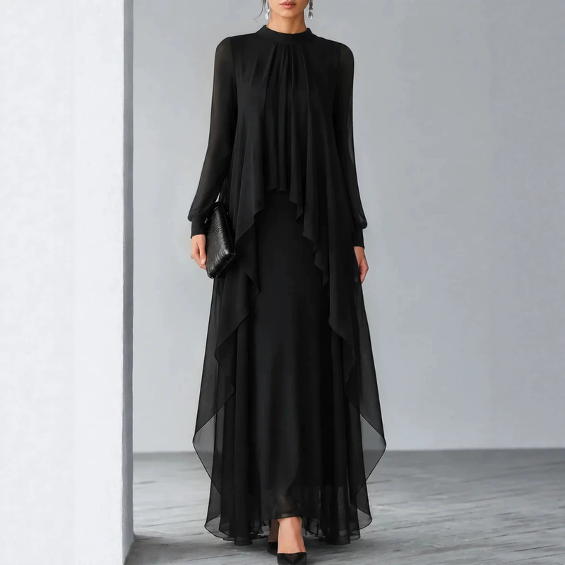 High-End Feel Stand-Collar Pleated Chiffon Long Dress, Long-Sleeve Sheer Ruffle Fake Two-Piece Gown, Export