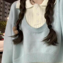 学院风短款韩系毛衣秋高腰两件套针织衫polo领上衣新款女装套装