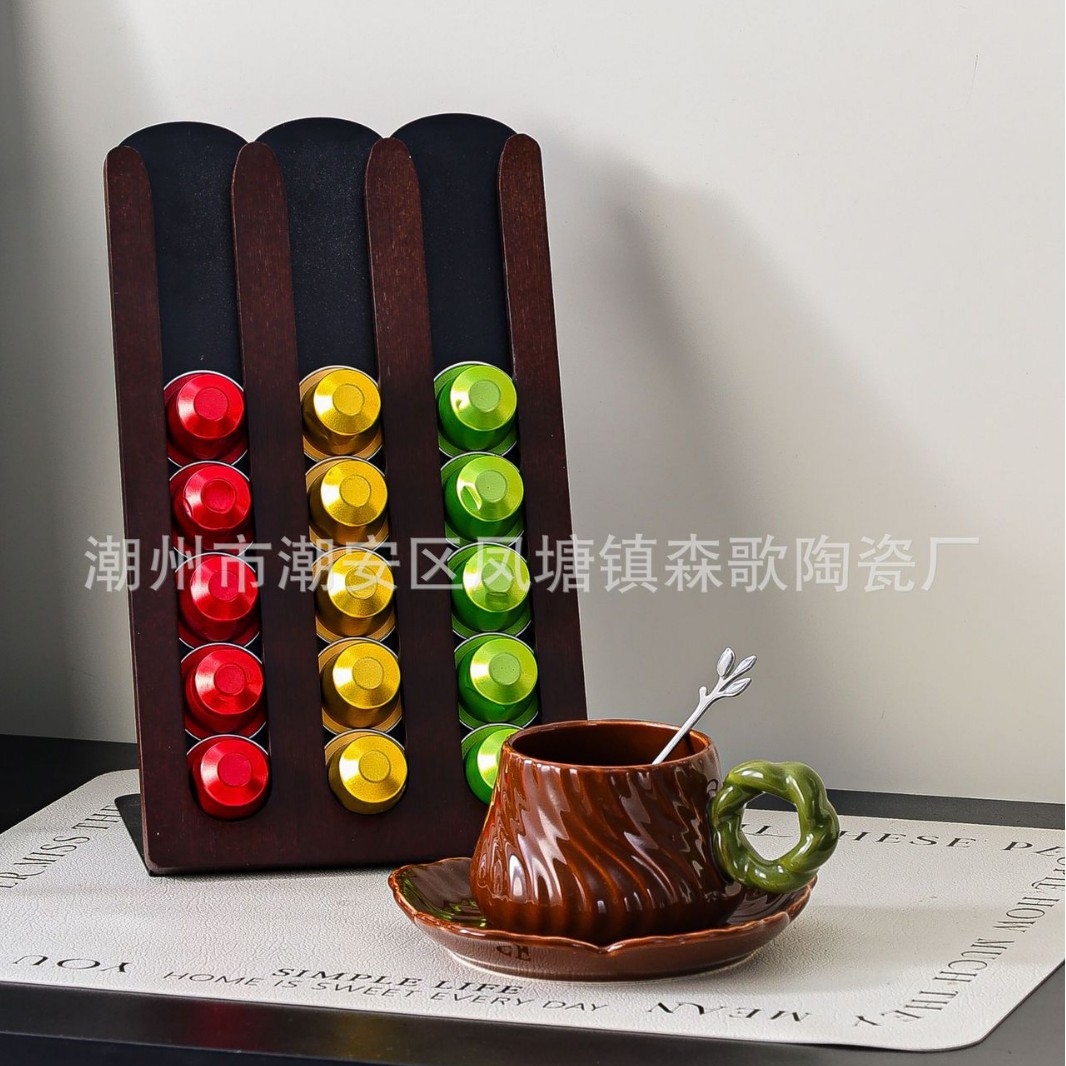 Vintage-Style Wooden Coffee Capsule Holder, Milk Frother Stand, Storage Rack, Display Rack, Capsule Storage Box, and Supporting Accessories