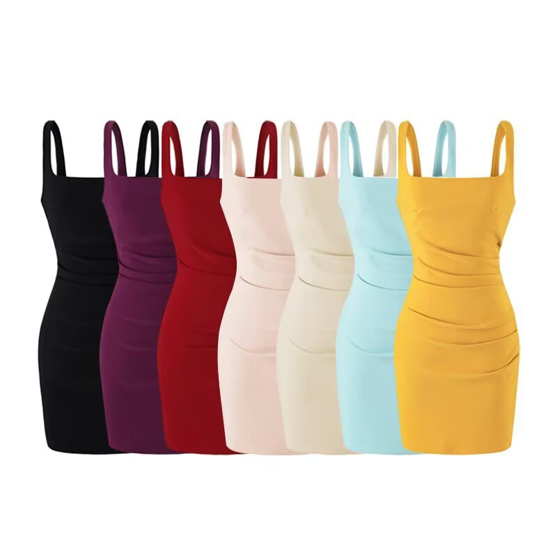 Unique Style Square-Neck Pleated Spaghetti Strap Dress for Women, Summer Waist-Cinching Design, French-Style Slimming Bodycon Short Dress