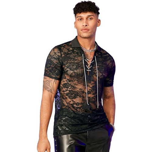  men's black lace singers jazz dance shirts see throug hot pole dance  short sleeved tops nightclub stage performance dress lace shirt retro 70s disco party tops