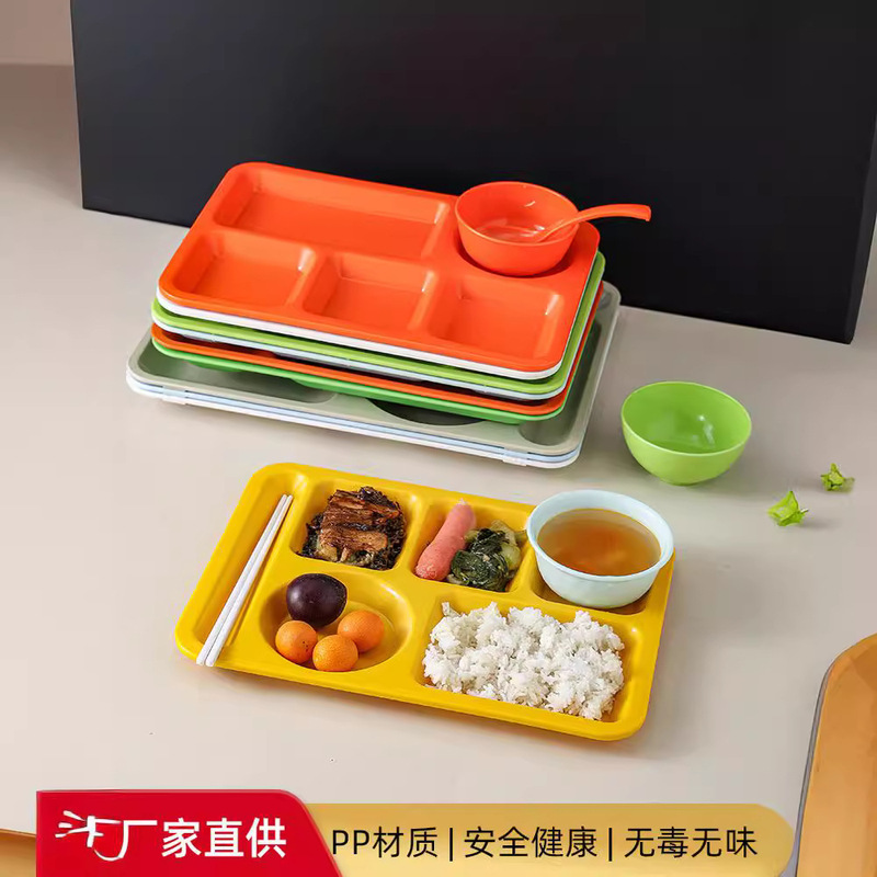 Food PP Split Dinner Plate Five Panels with Bowl Chopsticks Spoon Tableware Set Commercial Student Canteen Hotel Plastic Fast Food Plate