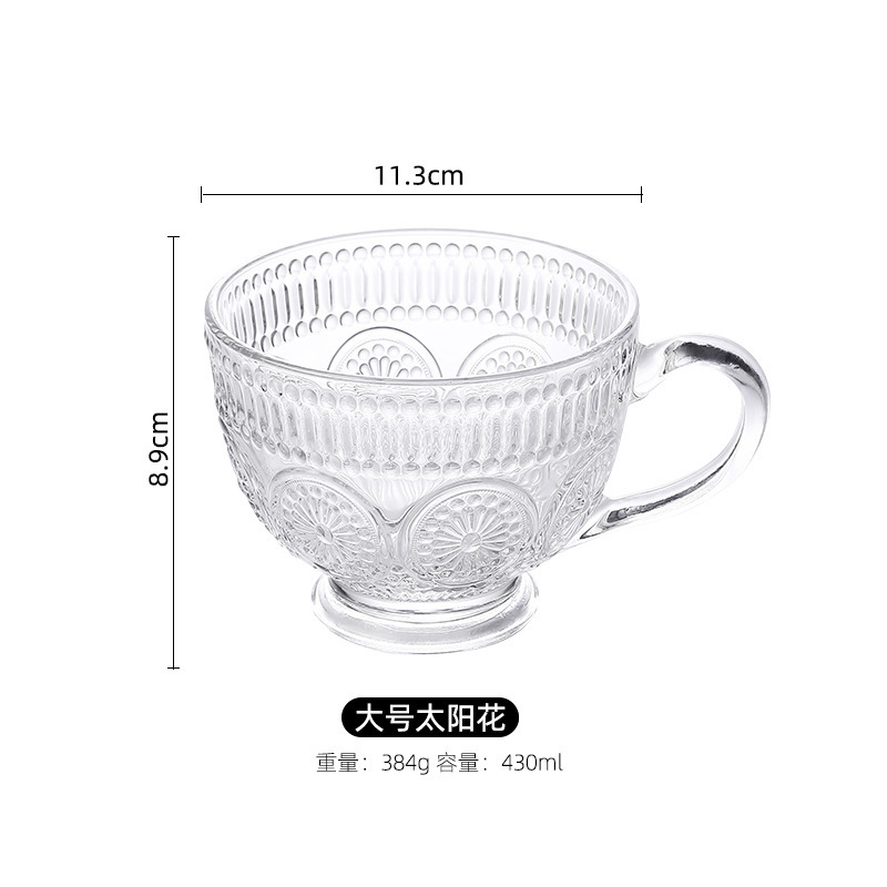 Hogar nórdico retro relieve flor del sol taza de café leche desayuno taza de vidrio gran capacidad con mango taza de té