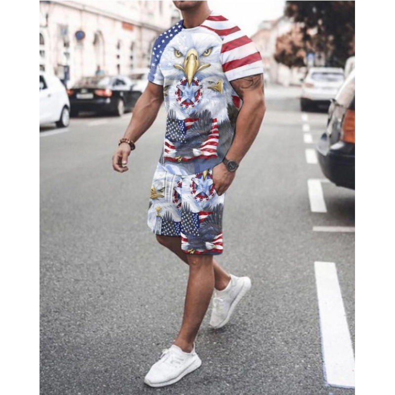 2023 verano transfronterizo camiseta 3D europea y americana manga corta pantalones cortos de dos piezas deportivos casuales para hombres