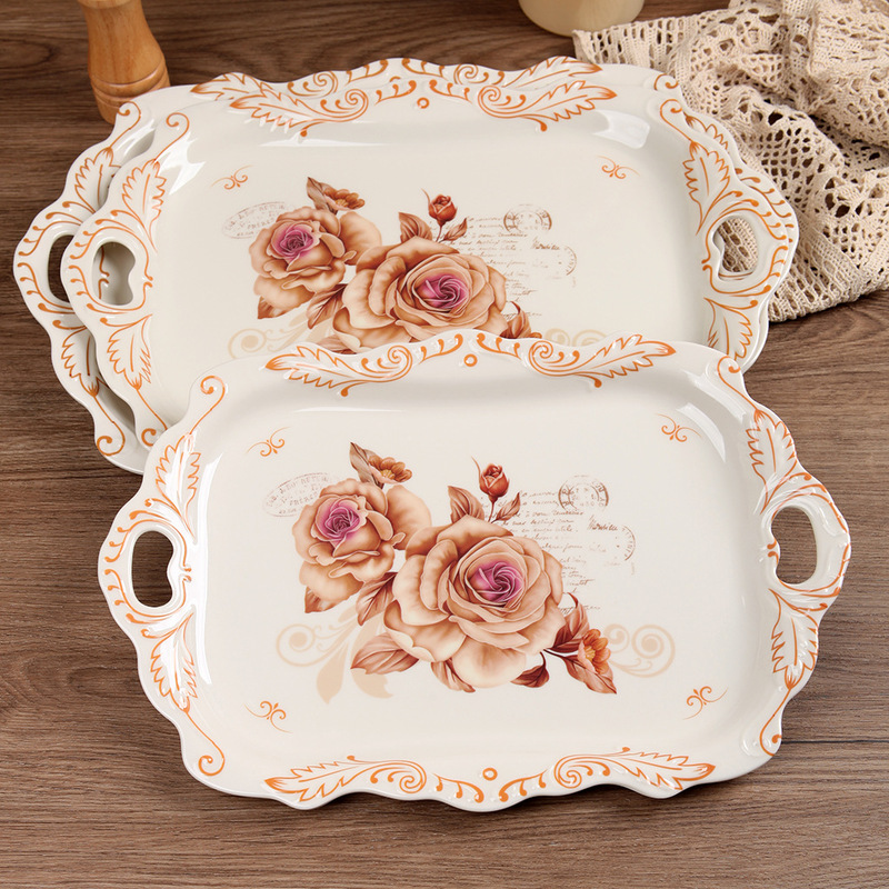Cross-Border Export Melamine Double-Eared Coffee Tray Rectangular European-Style Printed Flower Relief Decoration Party Home Tray