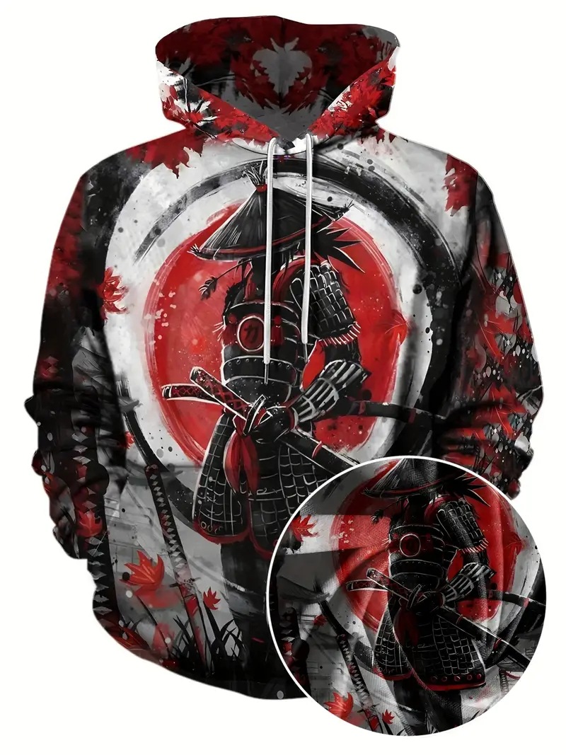 Venta caliente Tinta Jianghu Hero Swordsman Impresión 3D Hombres Moda callejera suelta de manga larga con cordón suéter con capucha