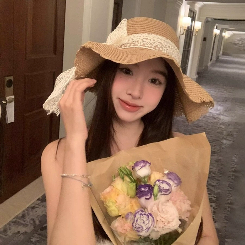Beach hat vacation fashionable summer sun protection sunshade sweet fisherman breathable lace bow big veil women