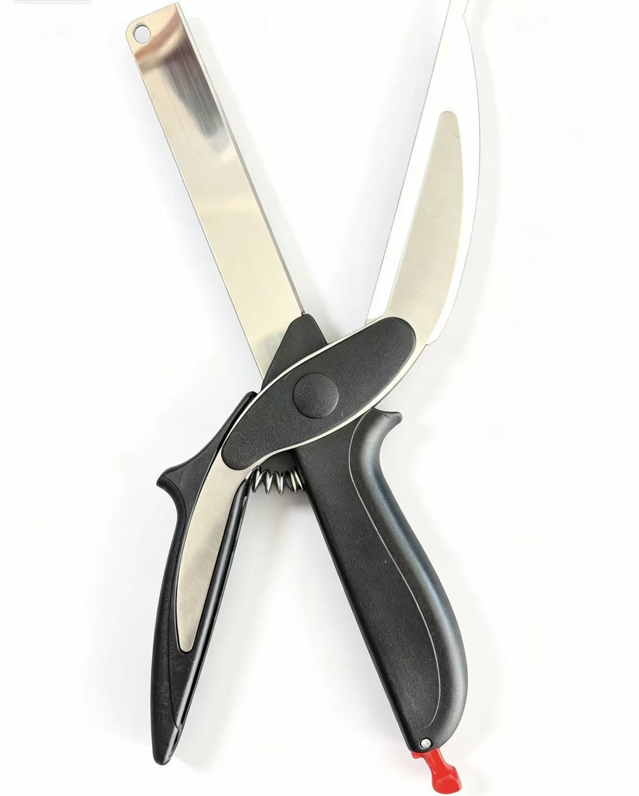 Tijeras para alimentos y verduras 2 en 1, cuchillo inteligente de acero inoxidable con resorte, herramienta de cocina multifuncional para el hogar, portátil. image 9