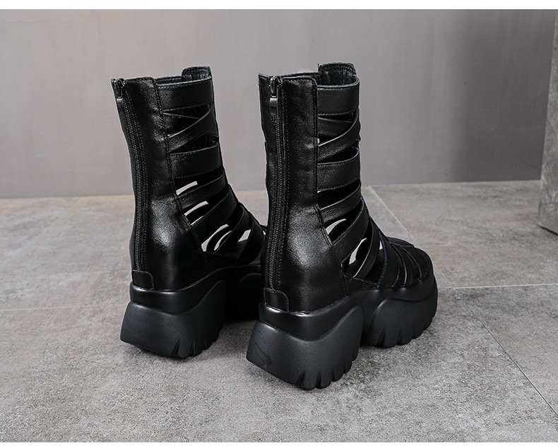 Giày sandal hở mũi da thật đế dày phong cách La Mã, tăng chiều cao — đen chi tiết 12