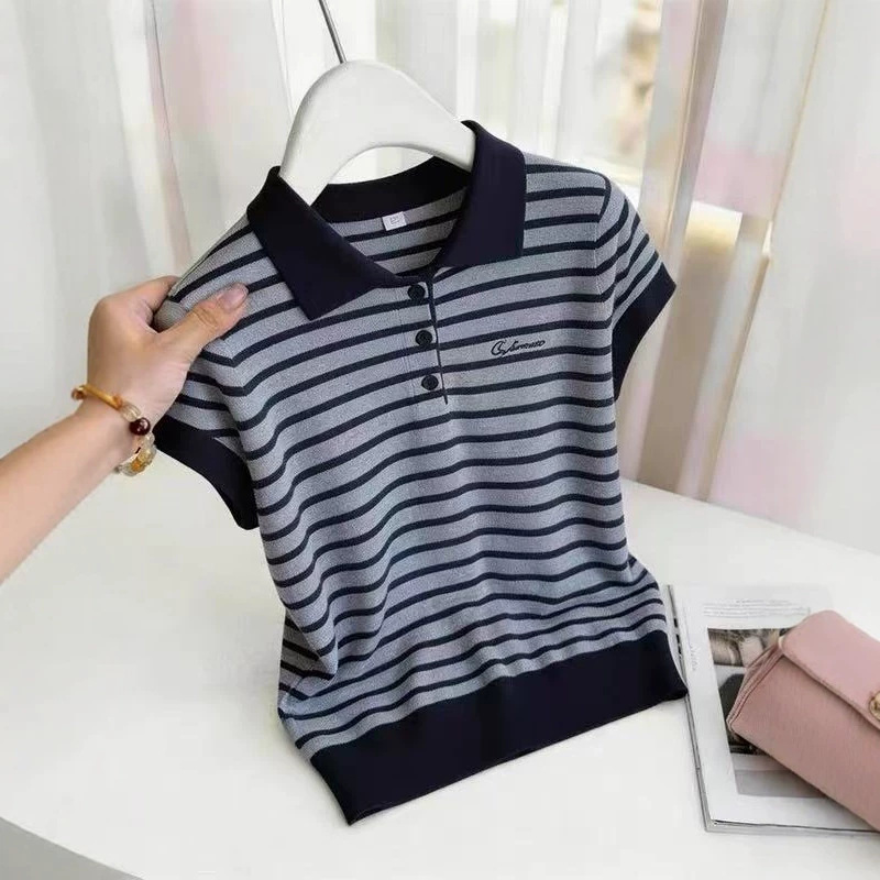 Áo thun polo nữ tay ngắn sọc kẻ phong cách Hàn Quốc — Sọc