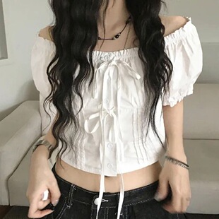 Pig Ouni Summer French Pure Lust Style One-Shoulder Puff-Sleeved Short-Sleeved Shirt White Versatile Short Top for Women