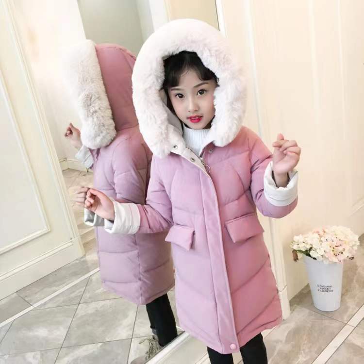 2025年冬新作 女の子用コットンコート 韓国風 中高生向け ロング丈 厚手 大きなファー襟 大きなポケット付きコットンコート|undefined