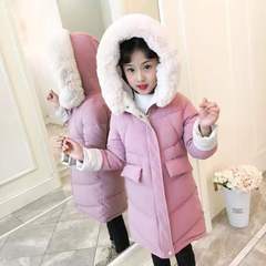 New Women's Children's Cotton Coat 2023 Winter Korean Style Medium and Large Children's Medium and Long Length Thick Large Plush Collar with Large Pockets Cotton Jacket