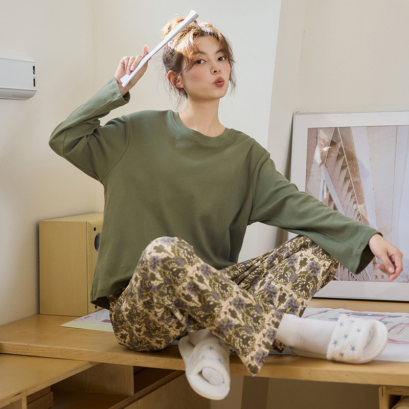 秋冬季新款睡衣女士带胸垫可爱卡通纯棉拉架长袖家居服套装可外穿|undefined