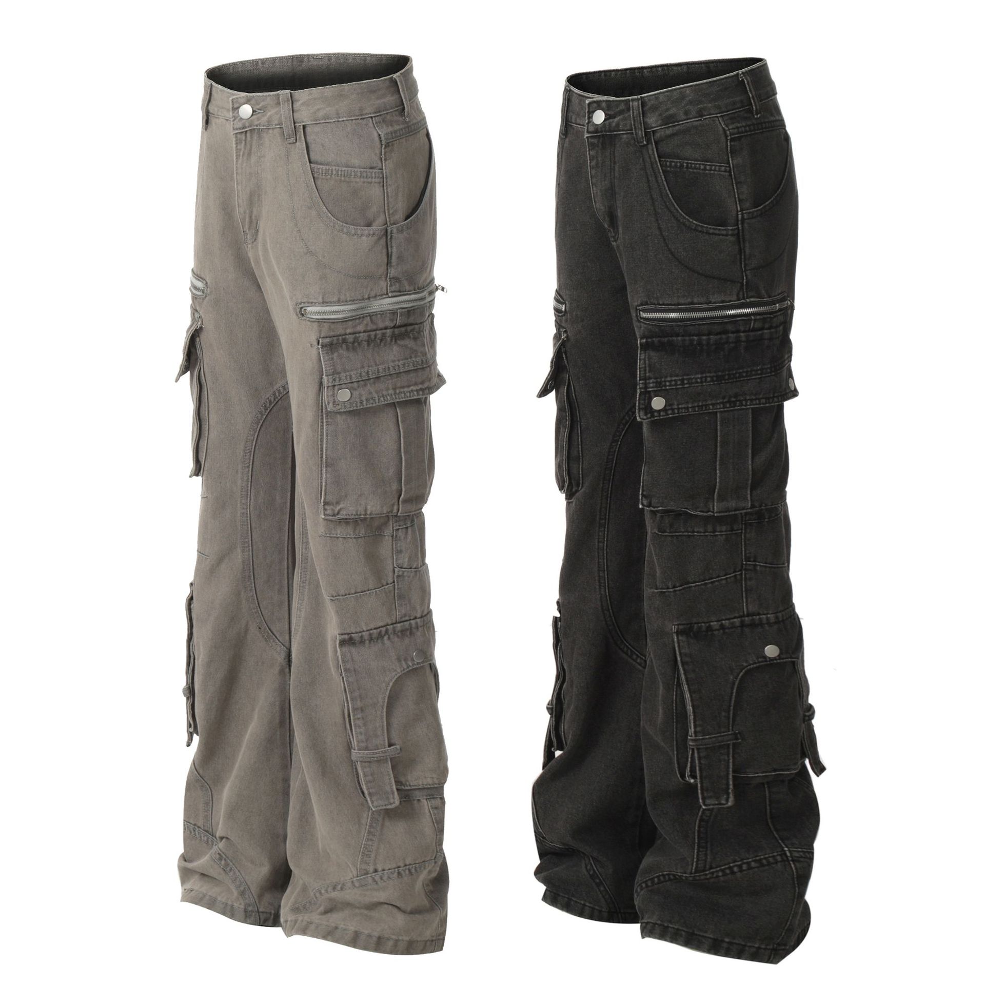 Vêtements pour hommes 2025 Nouveau jean de travail multi-poches délavé américain Style couple Pantalon légèrement évasé pour hommes et femmes_voghion.com