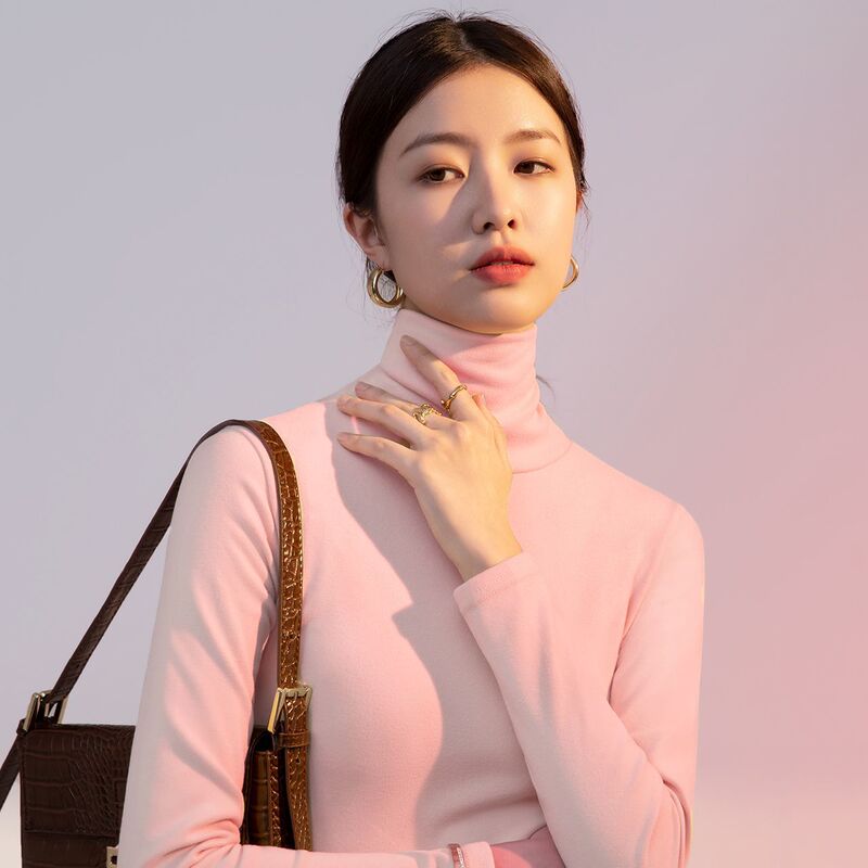 De velvet turtleneck bottoming shirt double-sided brushed pile collar solid color warm inner wear autumn and winter new women's long-sleeved T-shirt