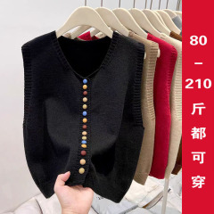 大码钮扣针织马甲背心女坎肩开衫毛衣马夹叠穿无袖上衣胖mm秋冬