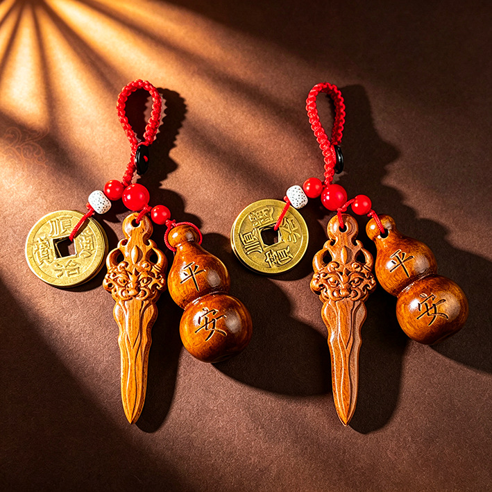 Wooden keychain with Five Emperors coins, gourd, and Yazi sword pendant, car safety charm, good luck charm for home, and gift