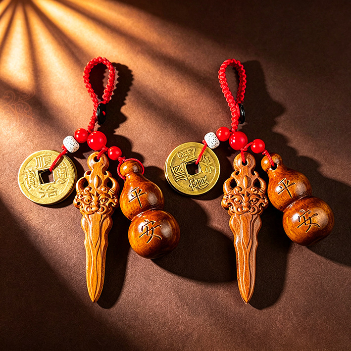 Wooden keychain with Five Emperors coins, gourd, and Yazi sword pendant, car safety charm, good luck charm for home, and gift
