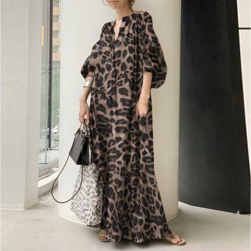 Spring and Autumn Japanese Loose plus size V-neck Leopard Bubble Sleeve Bohemian Shirt Dress Women's dress Dress