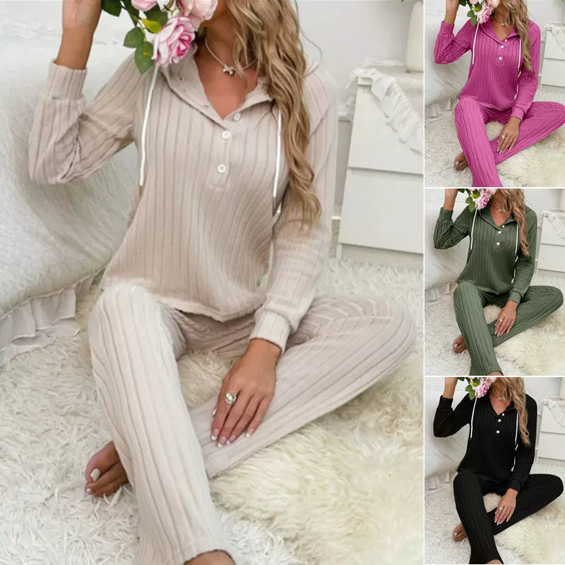 2024欧美跨境坑条磨毛 长袖连帽纽扣T恤休闲时尚长裤家居服套装女