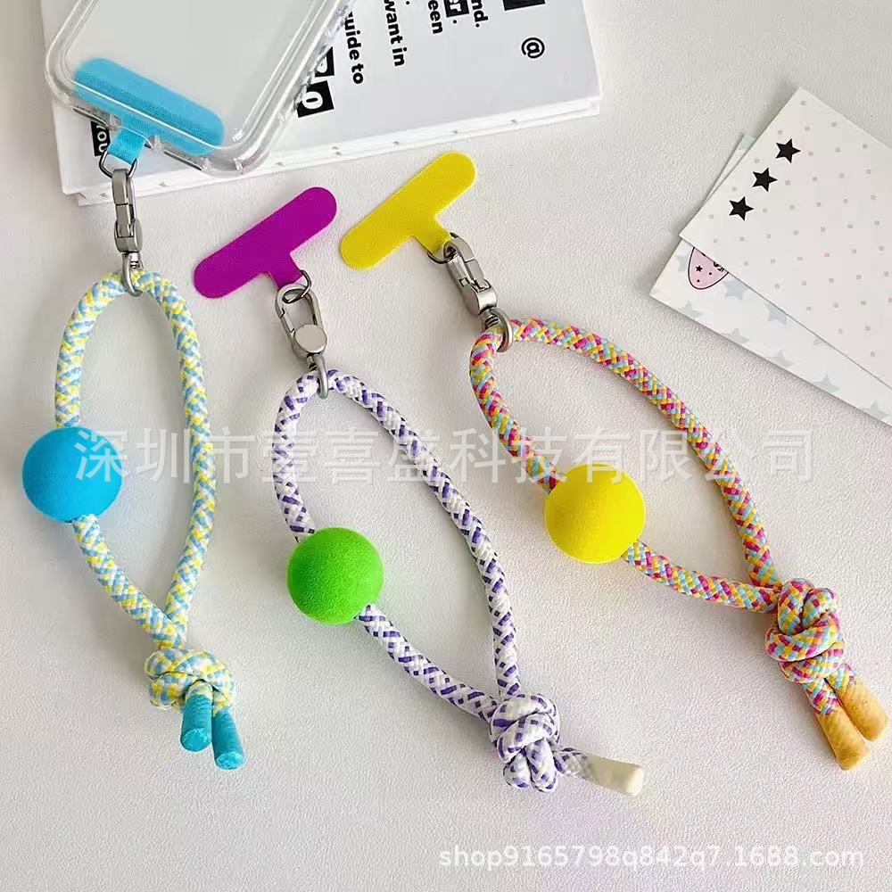 彩线球珠手机短绳带T形卡片相机钥匙扣防丢腕带绳便携水杯手提绳