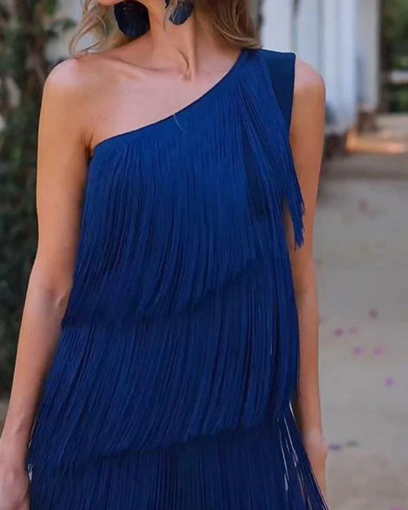 2024 Spring Summer New European And American Foreign Trade Fashion Tassel Asymmetric Off-Shoulder Dress Evening Gown_ecoleips.com