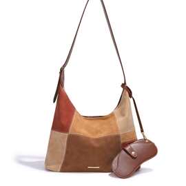 美拉德风设计感拼色麂皮绒托特包女大容量通勤百搭单肩斜挎包包