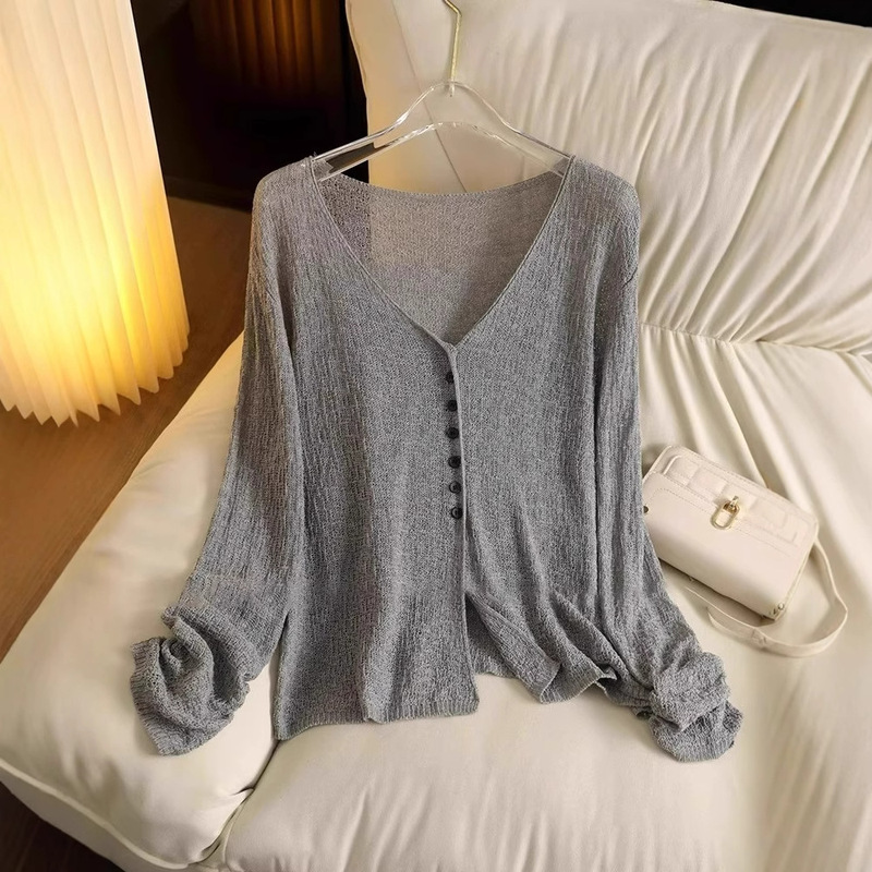 High-End Gray Tencel Linen Sun Protection Cardigan Women's Summer Thin Lyocell Ice Silk Blouse Knitted Shawl Top High-End Gray Tencel Linen Sun Protection Cardigan Women's Summer Thin Lyocell Ice Silk Blouse Knitted Shawl Top