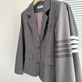 灰色西服女长袖四杠条纹小西服外套修身显瘦英伦学院风潮