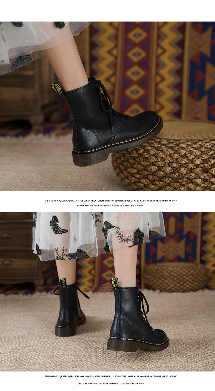 Bottes de moto courtes Martin noires en cuir véritable à lacets à huit et six trous de style britannique pour femmes_voghion.com